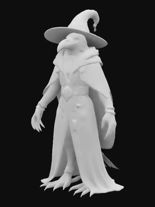 3D model for An anthropomorphic raven wizard, wearing classical wizard attire of a highly decorated red magician robe with long sleeves and a pointed hat. The end of the sleeves are decorated with darkblue gems.