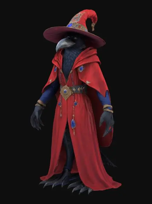 3D model for An anthropomorphic raven wizard, wearing classical wizard attire of a highly decorated red magician robe with long sleeves and a pointed hat. The end of the sleeves are decorated with darkblue gems.