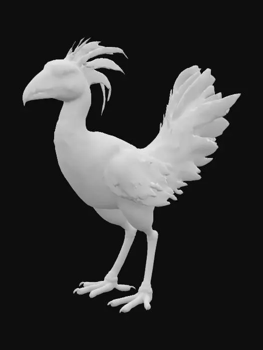 3D model for This Terrorbird, but with much longer legs, a short massive tail with these feathers at the tip, the long feathers at the back of the head