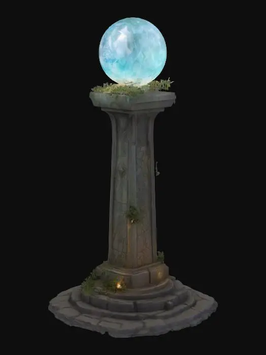 3D model for A large magical pylon with a big round base of artistic sculpted stone, holdig a huge magical crystal orb