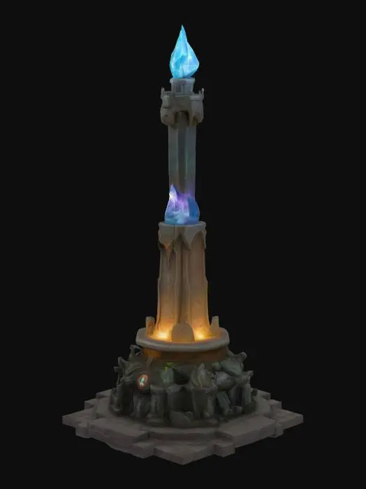 3D model for A large magical pylon with a big round base of artistic sculpted stone, holdig a huge magical crystal orb