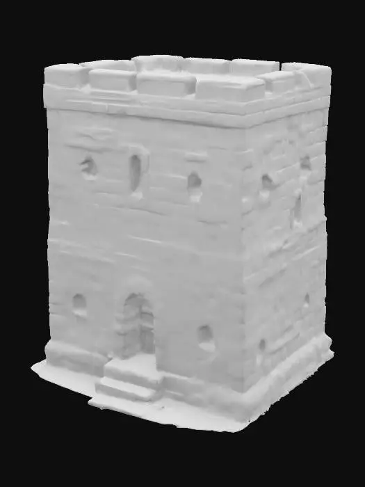 3D model for An ancient mosscovered solid rectangular shaped watchtower with a similar structure of a bunker. Sculpted from massive stone, narrow battlements. Has a slightly tapering shape from bottom to top
