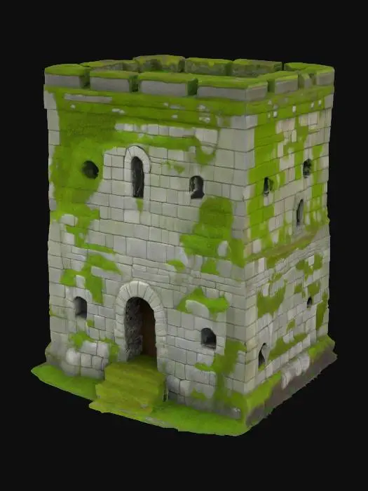 3D model for An ancient mosscovered solid rectangular shaped watchtower with a similar structure of a bunker. Sculpted from massive stone, narrow battlements. Has a slightly tapering shape from bottom to top