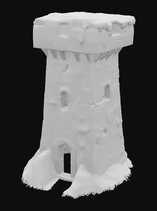 3D model for An ancient mosscovered solid rectangular shaped watchtower with a similar structure of a bunker. Sculpted from massive stone, narrow battlements. Has a slightly tapering shape from bottom to top