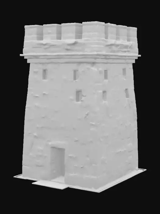 3D model for An ancient mosscovered solid rectangular shaped watchtower. Sculpted from massive stone, narrow battlements. Has a slightly tapering shape from bottom to top