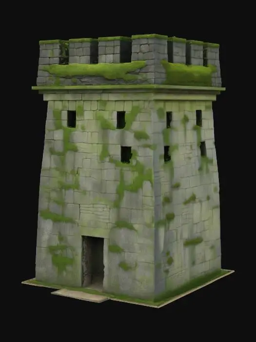 3D model for An ancient mosscovered solid rectangular shaped watchtower. Sculpted from massive stone, narrow battlements. Has a slightly tapering shape from bottom to top