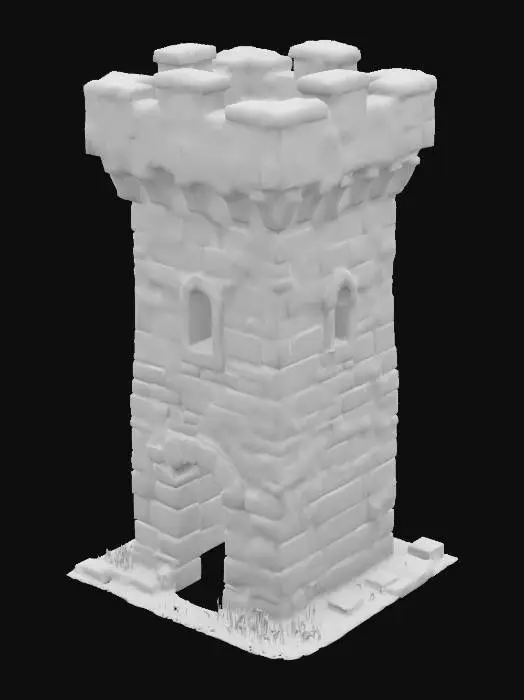 3D model for An ancient mosscovered solid rectangular shaped watchtower. Sculpted from massive stone, narrow battlements. Has a slightly tapering shape from bottom to top
