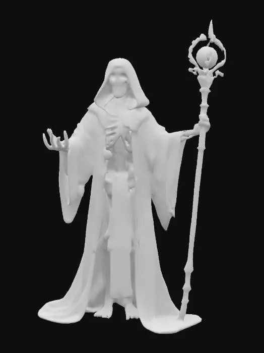 3D model for A skeleton Mage. Wearing a magician robe. Wielding a silver staff with a jewel at its head part