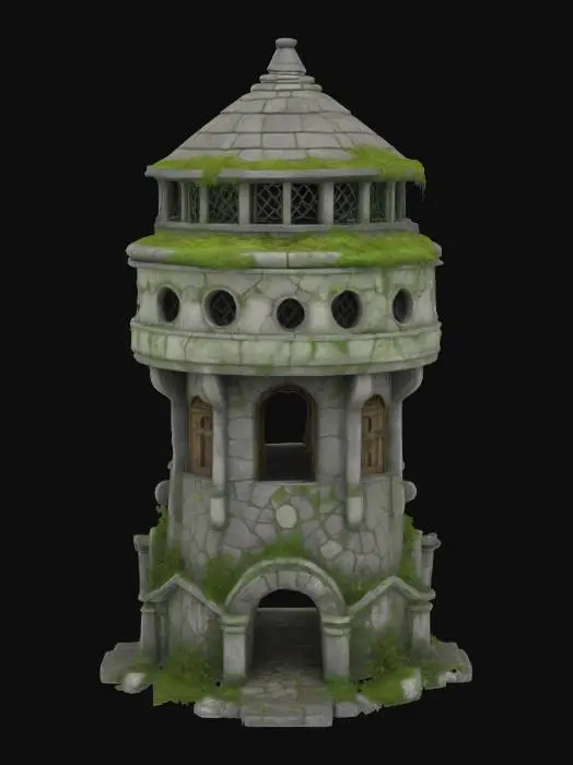 3D model for An old overgrown and mosscovered solid round shaped arcane watchtower. Sculpted from solid stone. 