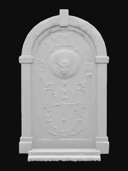 3D model for An ancient polished dark granite door with a big round sigil. The sigil has a relief of a norrow face of a western dragon and a frame with glowing magical runes, #emblem#