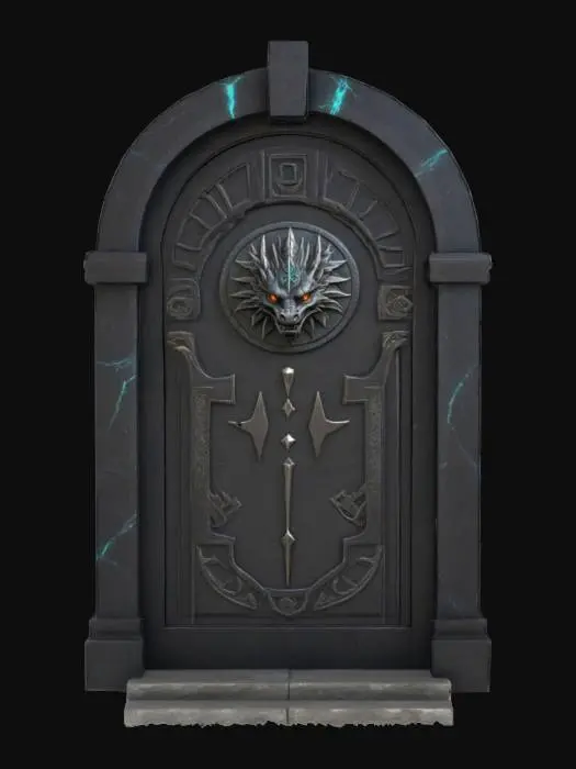 3D model for An ancient polished dark granite door with a big round sigil. The sigil has a relief of a norrow face of a western dragon and a frame with glowing magical runes, #emblem#