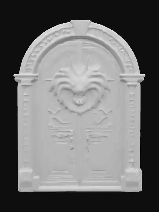 3D model for An ancient polished dark granite door with a big round sigil. The sigil has a relief of a norrow face of a western dragon and a frame with glowing magical runes, #emblem#