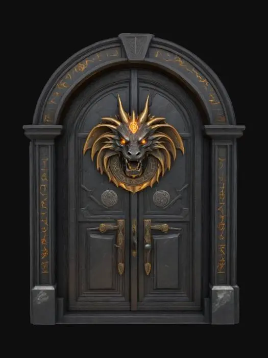 3D model for An ancient polished dark granite door with a big round sigil. The sigil has a relief of a norrow face of a western dragon and a frame with glowing magical runes, #emblem#