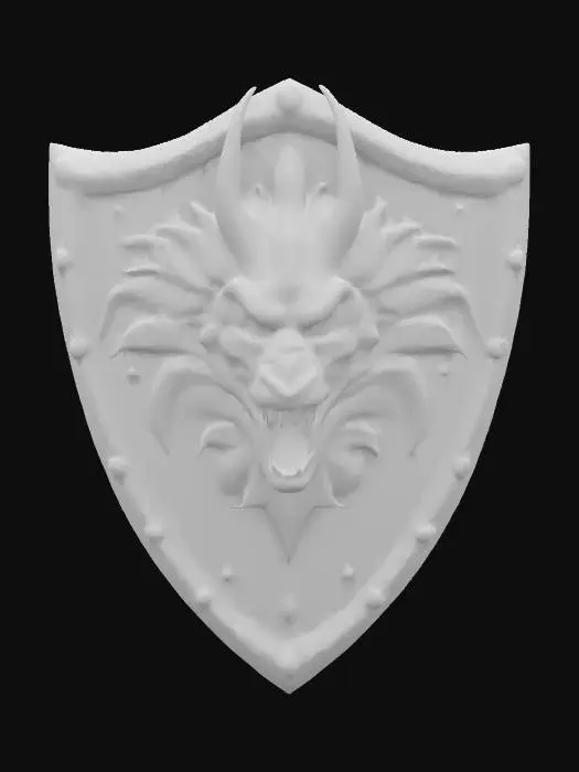 3D model for A wooden triangularl shield, painted with a crest which depicts a dark silhouette of a dragon face with two dragonclaws holding two blades. The background of the crest is orange #emblem#