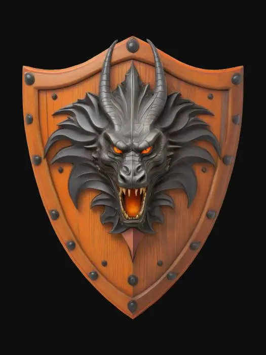 3D model for A wooden triangularl shield, painted with a crest which depicts a dark silhouette of a dragon face with two dragonclaws holding two blades. The background of the crest is orange #emblem#