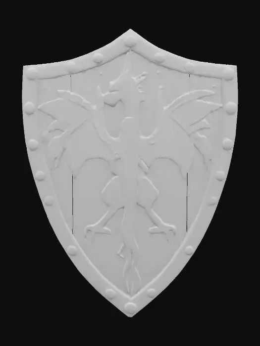 3D model for A wooden triangularl shield, painted with a crest which depicts a dark silhouette of a dragon face with two dragonclaws holding two blades. The background of the crest is orange #emblem#