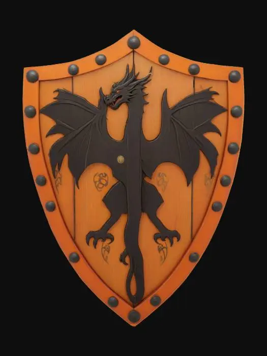 3D model for A wooden triangularl shield, painted with a crest which depicts a dark silhouette of a dragon face with two dragonclaws holding two blades. The background of the crest is orange #emblem#