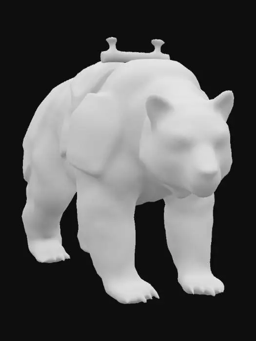 3D model for A big sturdy bear. It wears plate armor on its back and over the shoulders and upper legs, fastened with a broad leather-strap around the belly. The undersite, belly is unarmored. Equipped with a leather saddle. A blanket between the saddle and the armor on the back. Game asset, quadrupedal, base pose