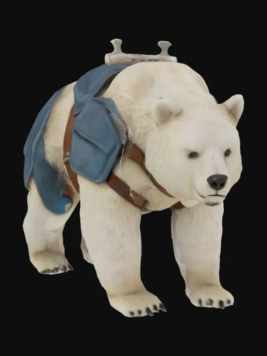 3D model for A big sturdy bear. It wears plate armor on its back and over the shoulders and upper legs, fastened with a broad leather-strap around the belly. The undersite, belly is unarmored. Equipped with a leather saddle. A blanket between the saddle and the armor on the back. Game asset, quadrupedal, base pose
