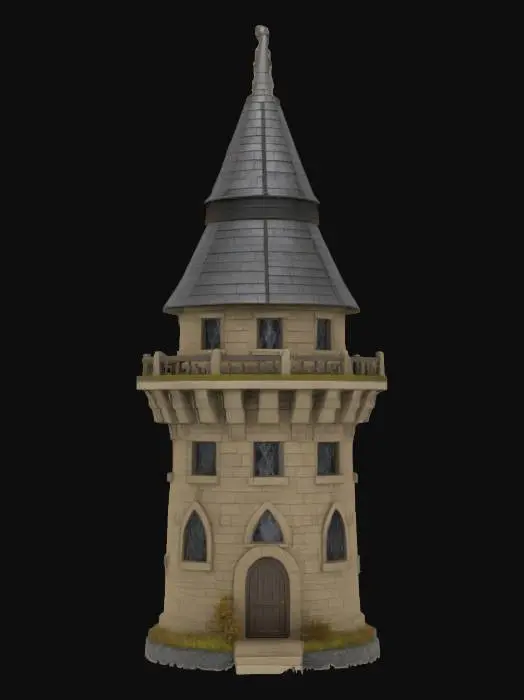 3D model for A round wizard tower with a cone shaped roof and a telescope standing out