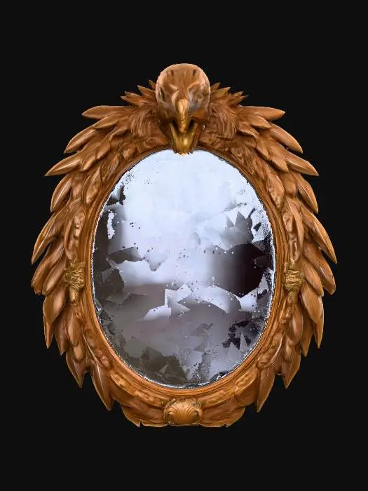 3D model for A wizards oval mirror with a highly decorated wooden frame with feather patterns. The frame of the mirror has a sculpted wooden gryphons head at its top. #PBR#