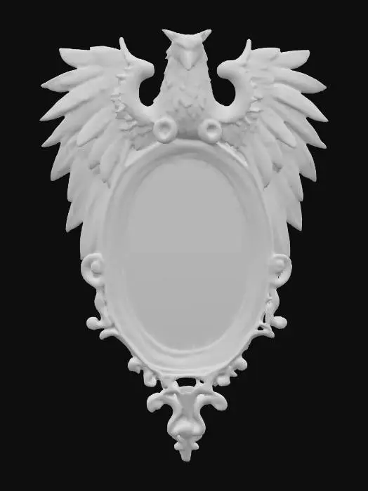 3D model for A wizards oval mirror with a highly decorated wooden frame with feather patterns. The frame of the mirror has a sculpted wooden gryphons wings at its upper sides and a sculpted wooden gryphon head at its top. #PBR#