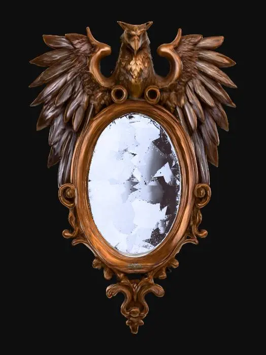 3D model for A wizards oval mirror with a highly decorated wooden frame with feather patterns. The frame of the mirror has a sculpted wooden gryphons wings at its upper sides and a sculpted wooden gryphon head at its top. #PBR#