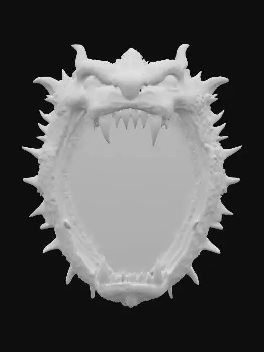 3D model for A wizards oval mirror with a highly decorated golden frame with jewels and the shape of an open dragon mouth with its upper jaw and face on the top part and the lower jaw at the bottom part. #PBR#
