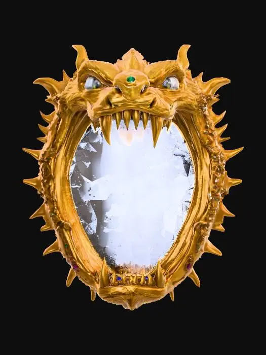 3D model for A wizards oval mirror with a highly decorated golden frame with jewels and the shape of an open dragon mouth with its upper jaw and face on the top part and the lower jaw at the bottom part. #PBR#