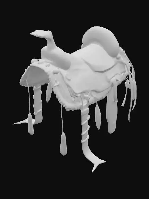 3D model for A robust, tribal-style saddle is fashioned from thick, dark brown leather, with a well-worn, slightly scuffed texture and raw, natural edges. It is richly adorned with an array of vibrant, naturally colored feathers, carefully attached, and polished, cream-hued bone fragments, intricately carved and lashed onto the leather surface. A broad, sturdy abdominal belt, constructed from multiple braided leather straps, provides a secure fit, offering a firm, tactile grip.