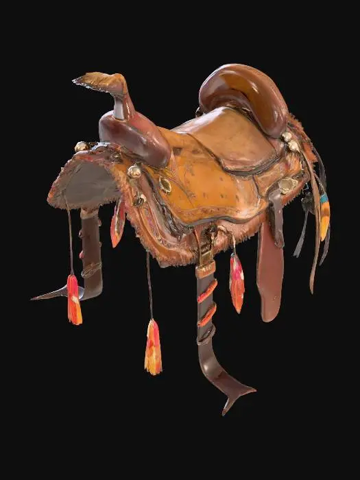 3D model for A robust, tribal-style saddle is fashioned from thick, dark brown leather, with a well-worn, slightly scuffed texture and raw, natural edges. It is richly adorned with an array of vibrant, naturally colored feathers, carefully attached, and polished, cream-hued bone fragments, intricately carved and lashed onto the leather surface. A broad, sturdy abdominal belt, constructed from multiple braided leather straps, provides a secure fit, offering a firm, tactile grip.
