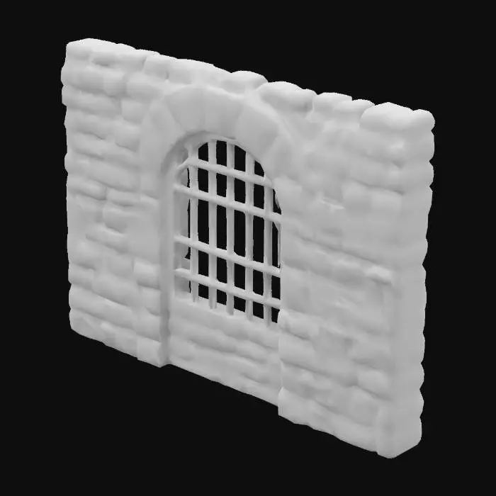 3D model for A dungeon wall part with iron grill door. Uneven bricked wall on the sides. Game asset, interior level design