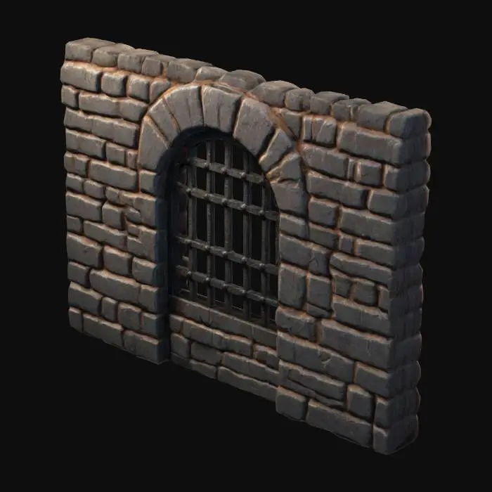 3D model for A dungeon wall part with iron grill door. Uneven bricked wall on the sides. Game asset, interior level design