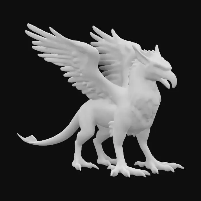 3D model for A griffin, body with lightbrown fur, mane of darkbrown feathers, sharp beak, clawed feet, feathered wings, quadropedal. Realistic style, game asset, base pose