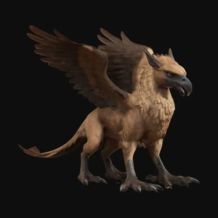 3D model for A griffin, body with lightbrown fur, mane of darkbrown feathers, sharp beak, clawed feet, feathered wings, quadropedal. Realistic style, game asset, base pose