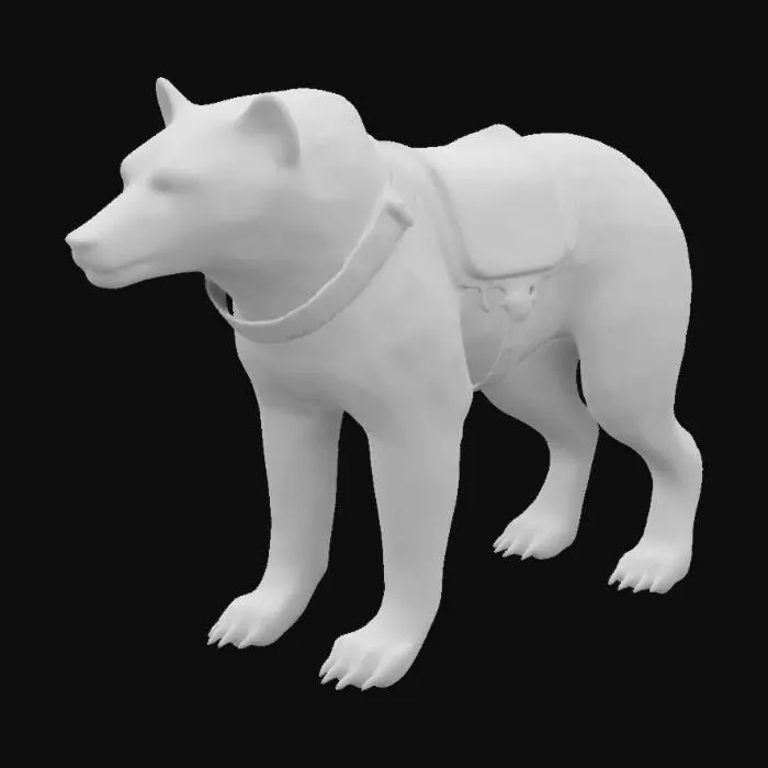 3D model for A sturdy quadroupedal canine like predator with slight features of bear anatomy. Equipped with a leatherseat for a rider on its back; the leatherseat is attahed with a single leatherbelt around the body of the animal. Base pose, stylized