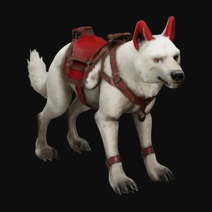 3D model for A sturdy quadroupedal canine like predator with slight features of bear anatomy. Equipped with a leatherseat for a rider on its back; the leatherseat is attahed with a single leatherbelt around the body of the animal. Base pose, stylized