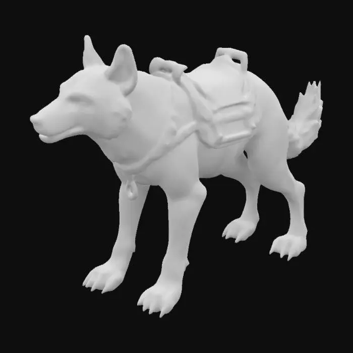 3D model for A sturdy quadroupedal canine like predator with slight features of bear anatomy. Equipped with a leatherseat for a rider on its back; the leatherseat is attahed with a single leatherbelt around the body of the animal. Base pose, stylized