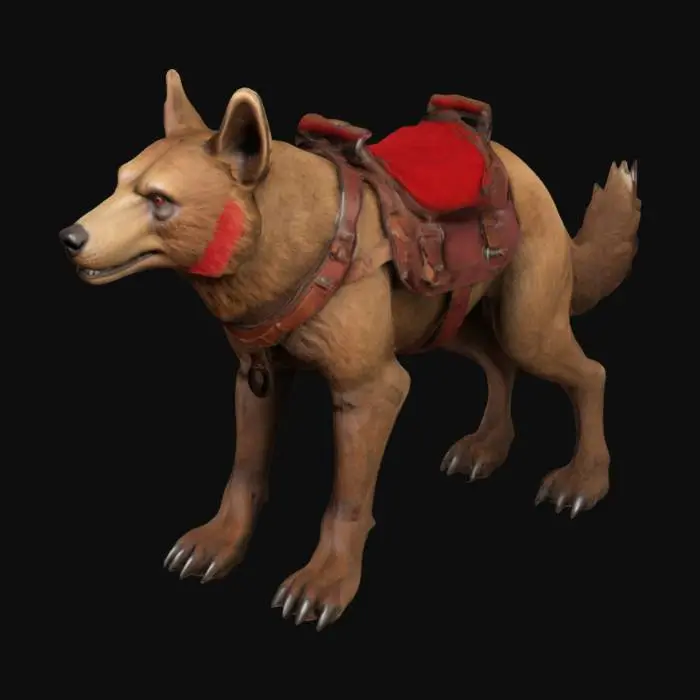 3D model for A sturdy quadroupedal canine like predator with slight features of bear anatomy. Equipped with a leatherseat for a rider on its back; the leatherseat is attahed with a single leatherbelt around the body of the animal. Base pose, stylized
