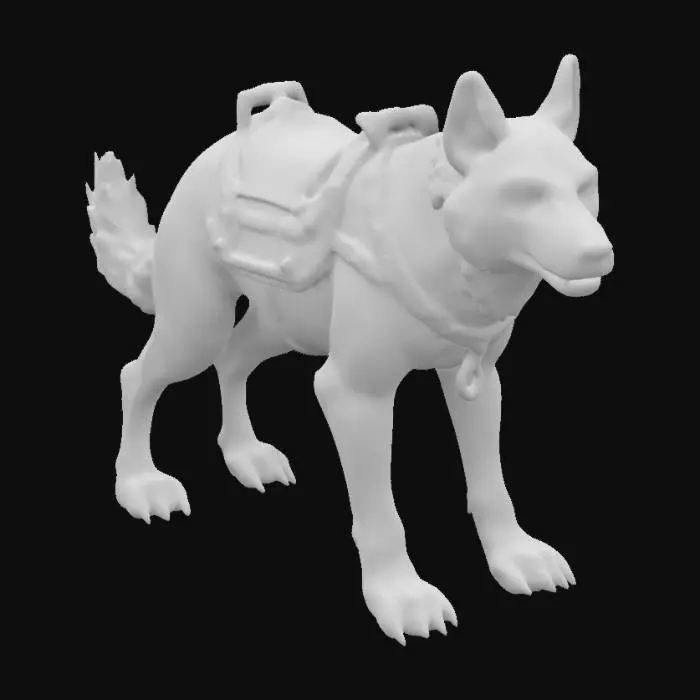 3D model for A sturdy quadroupedal canine like predator with slight features of bear anatomy. Equipped with a leatherseat for a rider on its back; the leatherseat is attahed with a single leatherbelt around the body of the animal. Base pose, stylized