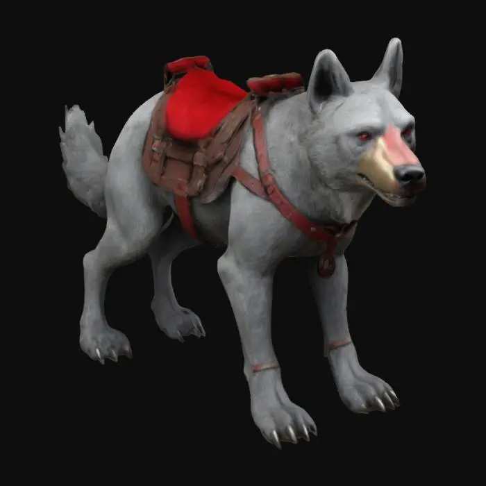 3D model for A sturdy quadroupedal canine like predator with slight features of bear anatomy. Equipped with a leatherseat for a rider on its back; the leatherseat is attahed with a single leatherbelt around the body of the animal. Base pose, stylized