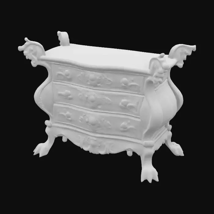 3D model for An artistic wooden commode with detailled carved dragon head decorations and standing on carved dragon talon shaped feet