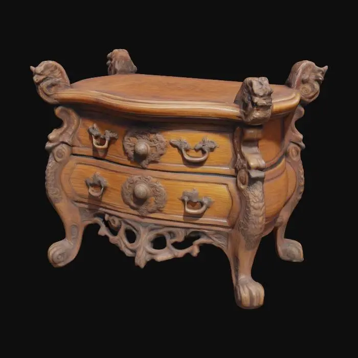 3D model for An artistic wooden commode with detailled carved dragon head decorations and standing on carved dragon talon shaped feet