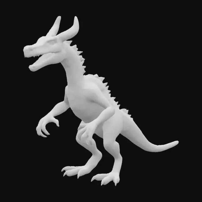 3D model for A theropod dragon with long and lean build, two winding horns, thick platelike scales on its chest, long mucular legs, clawed hands. Stands straight in a horizontal default pose with open mouth, ready for rigging.