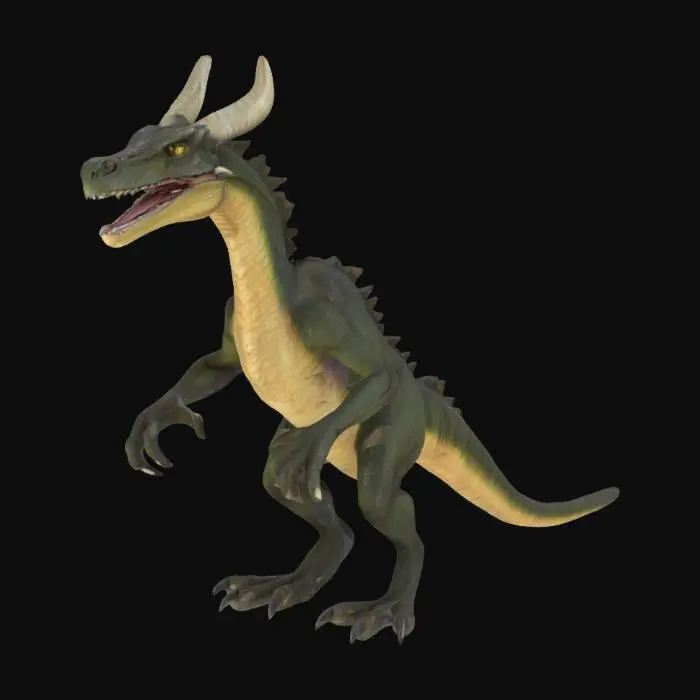 3D model for A theropod dragon with long and lean build, two winding horns, thick platelike scales on its chest, long mucular legs, clawed hands. Stands straight in a horizontal default pose with open mouth, ready for rigging.