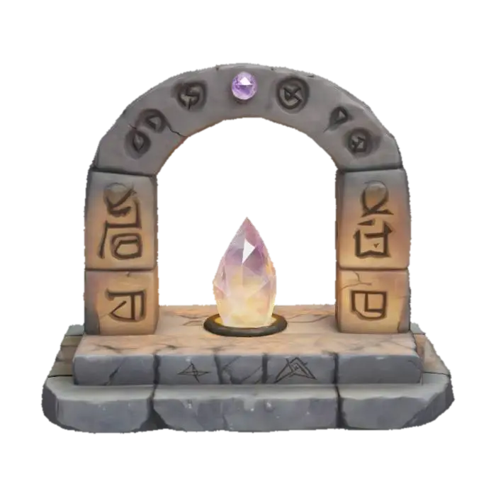 An arcane shrine with a small mystical stone altar with a floating magical crystal.… 3D model, vytvořený pomocí AI