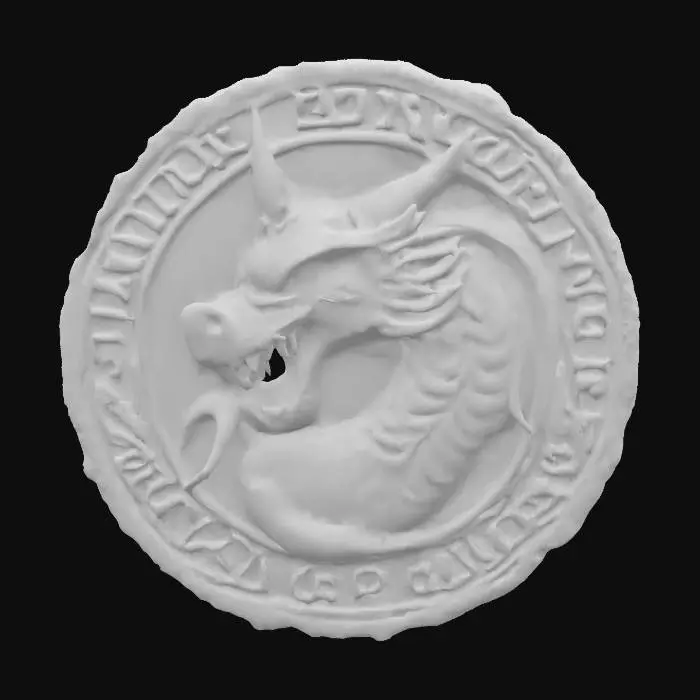 3D model for An old round granite plate with a detailled western dragon face relief. The granite plate has a frame with engraved old mystical runes, #emblem#