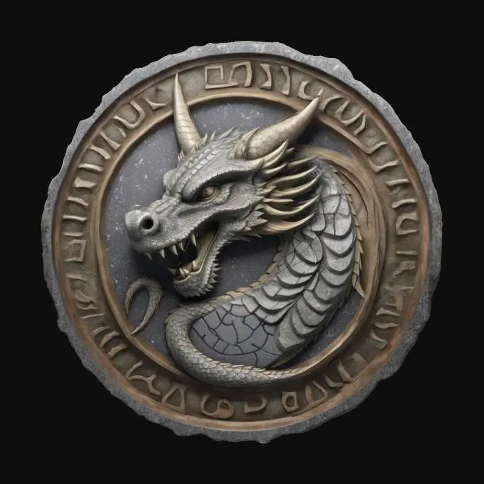 3D model for An old round granite plate with a detailled western dragon face relief. The granite plate has a frame with engraved old mystical runes, #emblem#