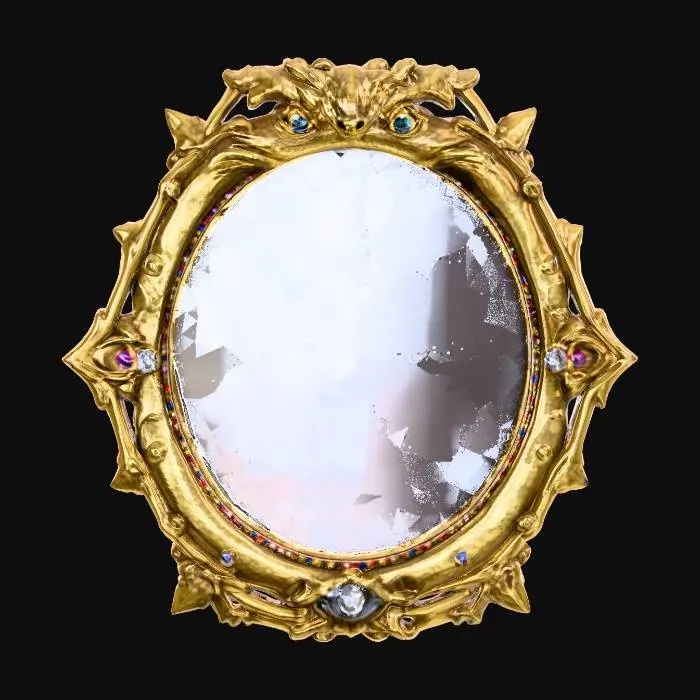 3D model for A wizards oval mirror with a highly decorated golden frame with jewels and the shape of an open dragon mouth. #PBR#