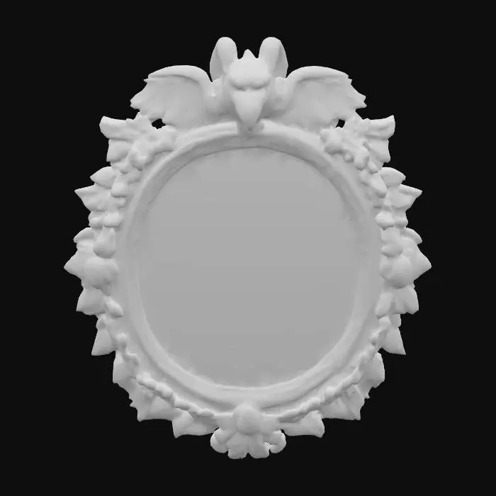3D model for A wizards oval mirror with a highly decorated wooden frame with feather patterns. The frame of the mirror has a sculpted wooden gryphons head at its top. #PBR#